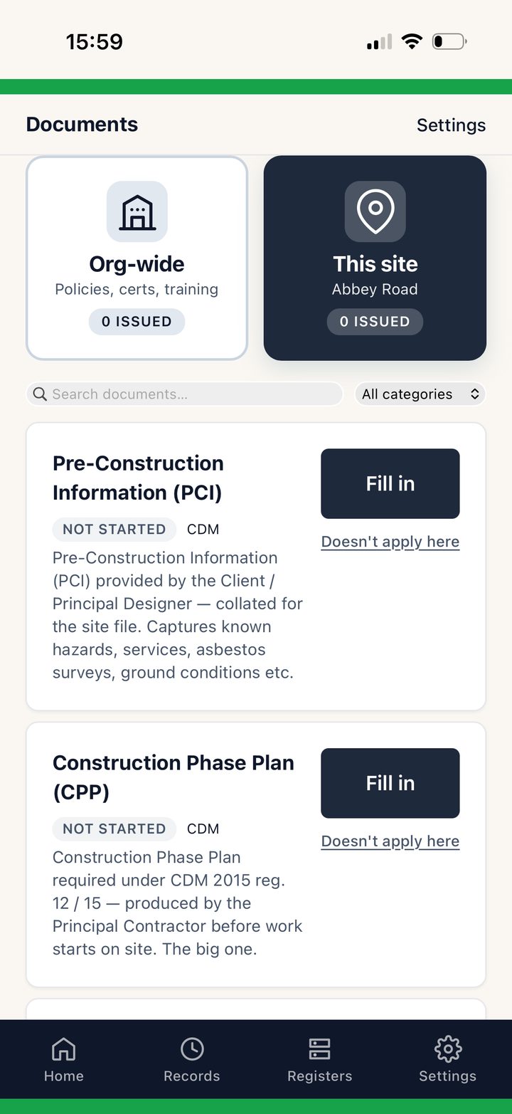 Safe and Sorted CDM documents — Construction Phase Plan, F10 Notification, Site Rules, Site Welfare Plan, each with Fill in / Doesn't apply here.