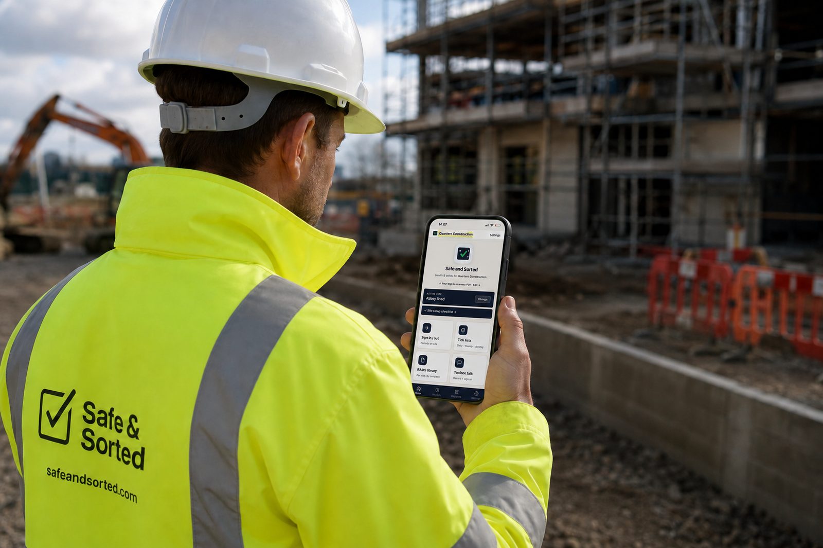 A foreman in a Safe and Sorted-branded hi-vis jacket using the app on his phone on a live UK construction site.