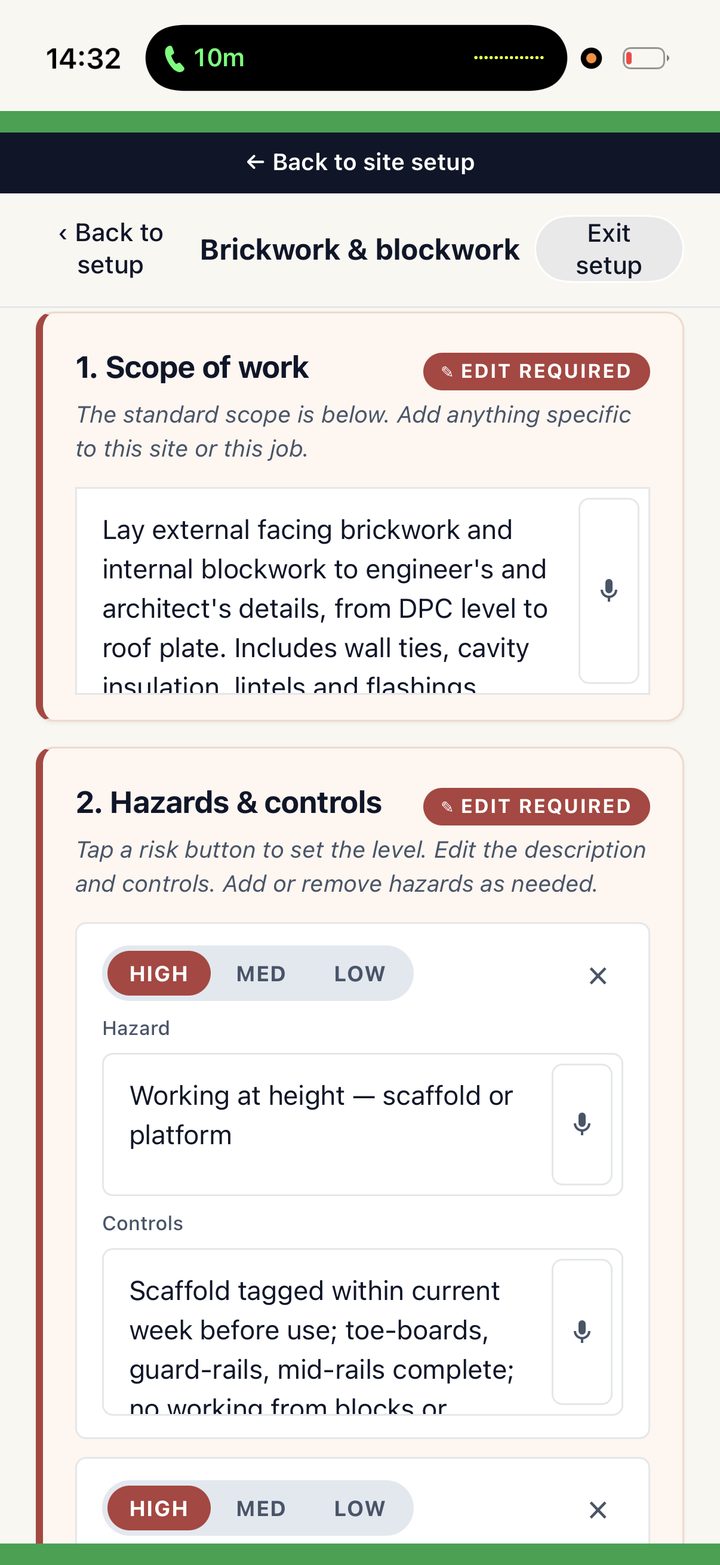 Safe and Sorted RAMS editor — scope of work, hazards and controls with HIGH / MED / LOW risk buttons.