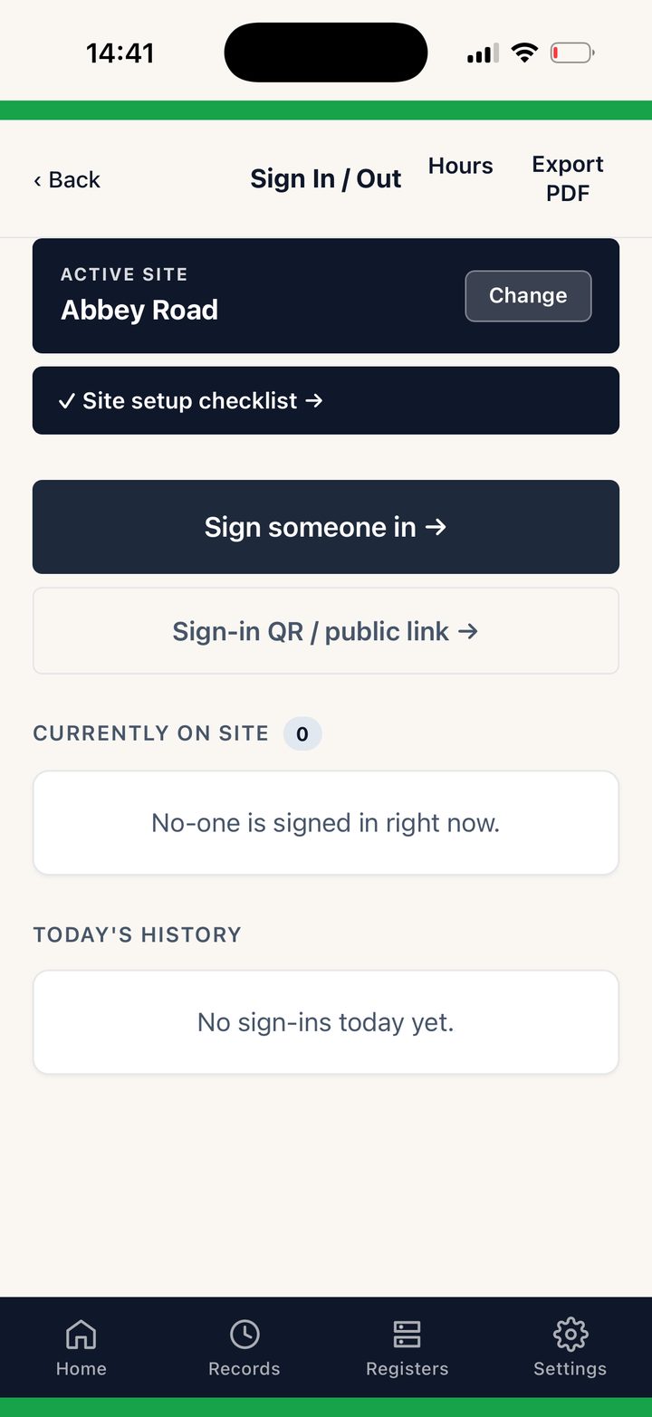 Safe and Sorted Sign In / Out screen — active site Abbey Road, big Sign someone in button.