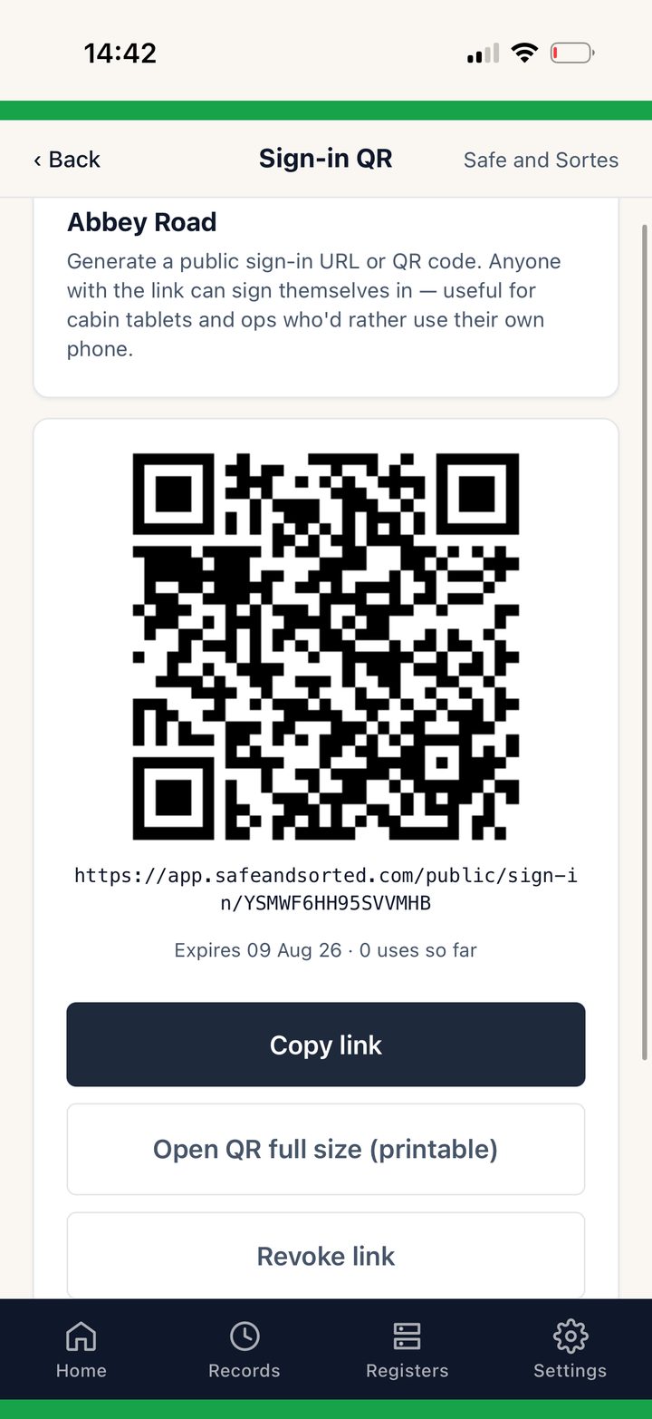 Sign-in QR code for Abbey Road — printable for the site board, public link for cabin tablets.