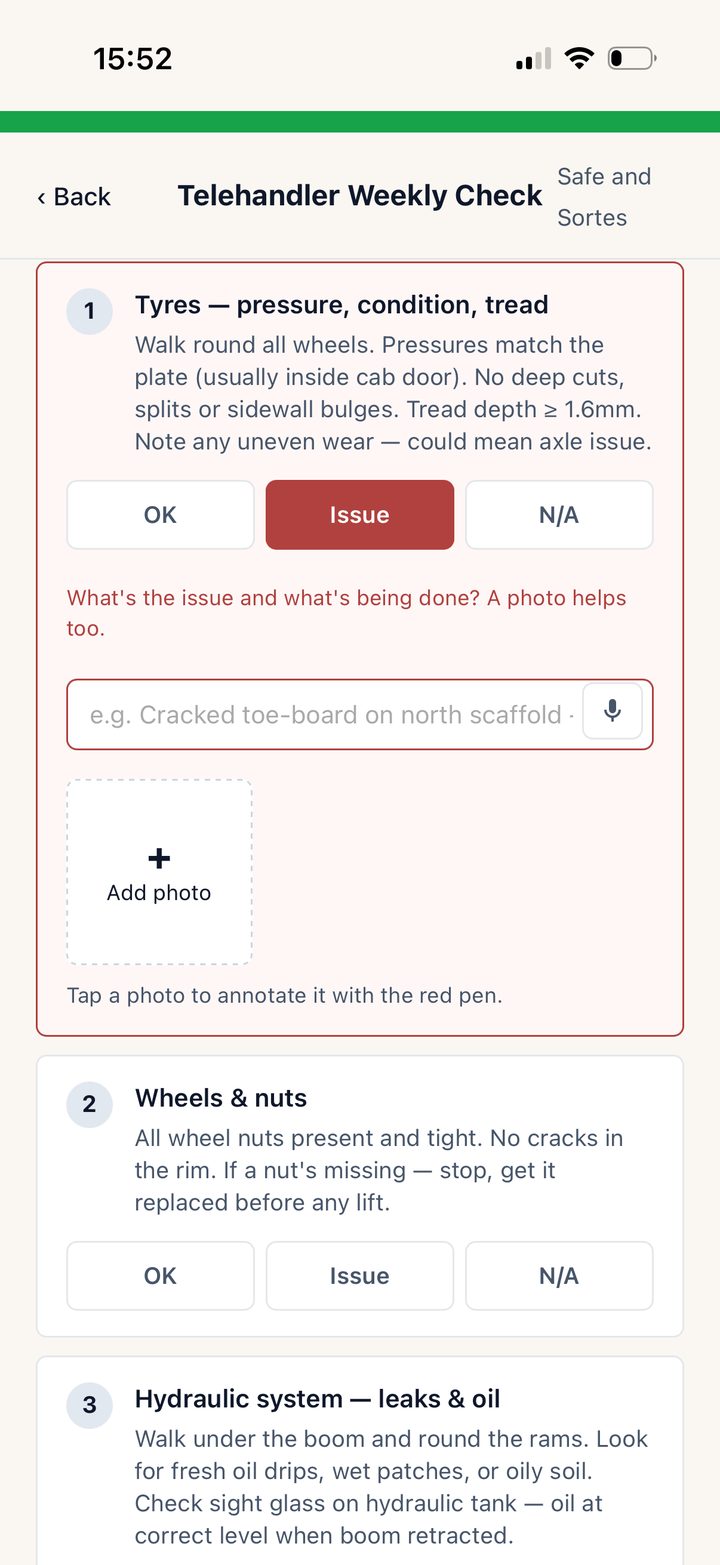 Telehandler weekly check — OK / Issue / N/A buttons per item, with photo + note when something fails.